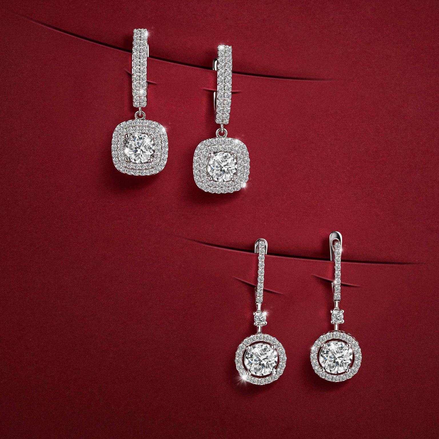 Drops of Square Halo Earrings