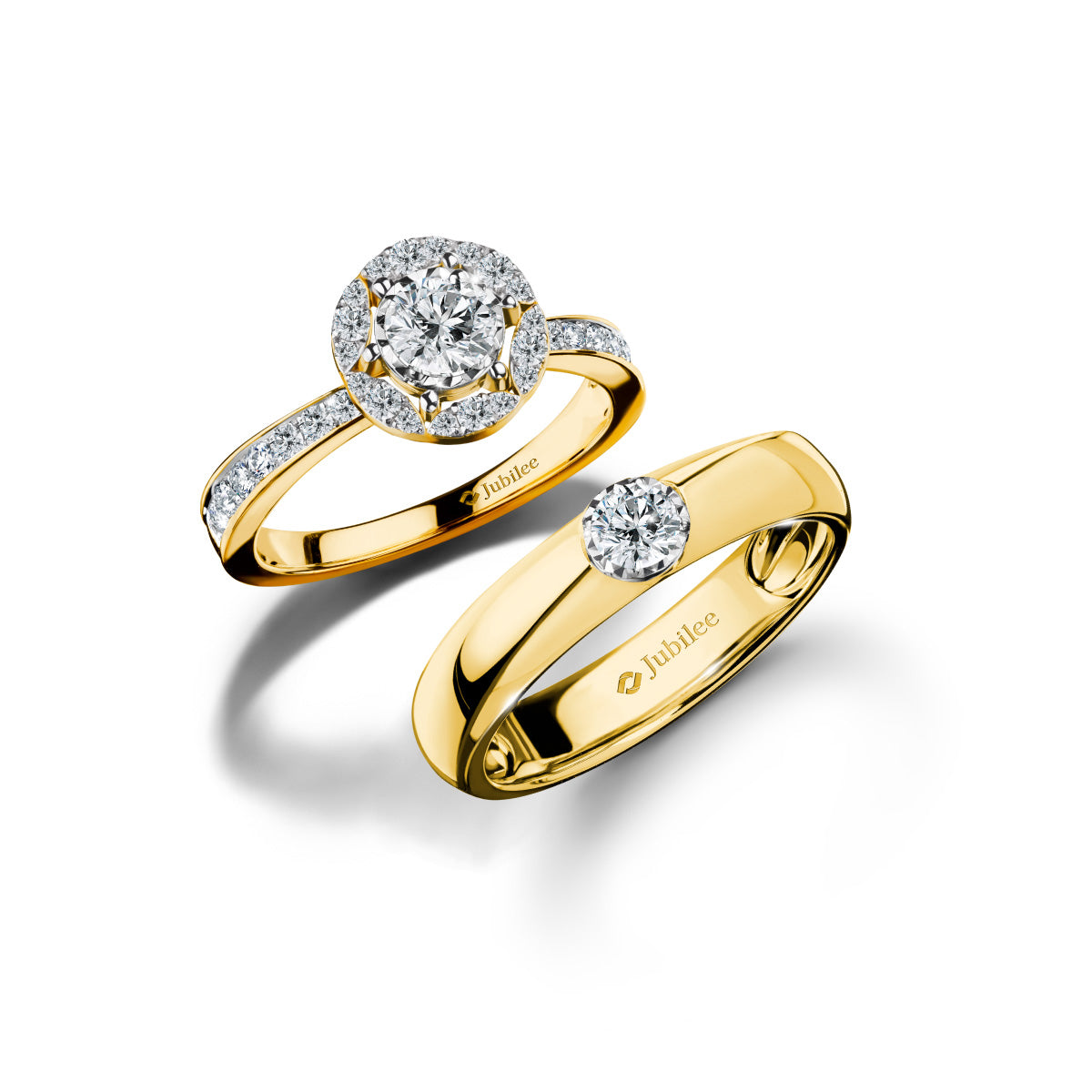 Single Line Halo Ring &amp; Classic Shadow Solitaire Band