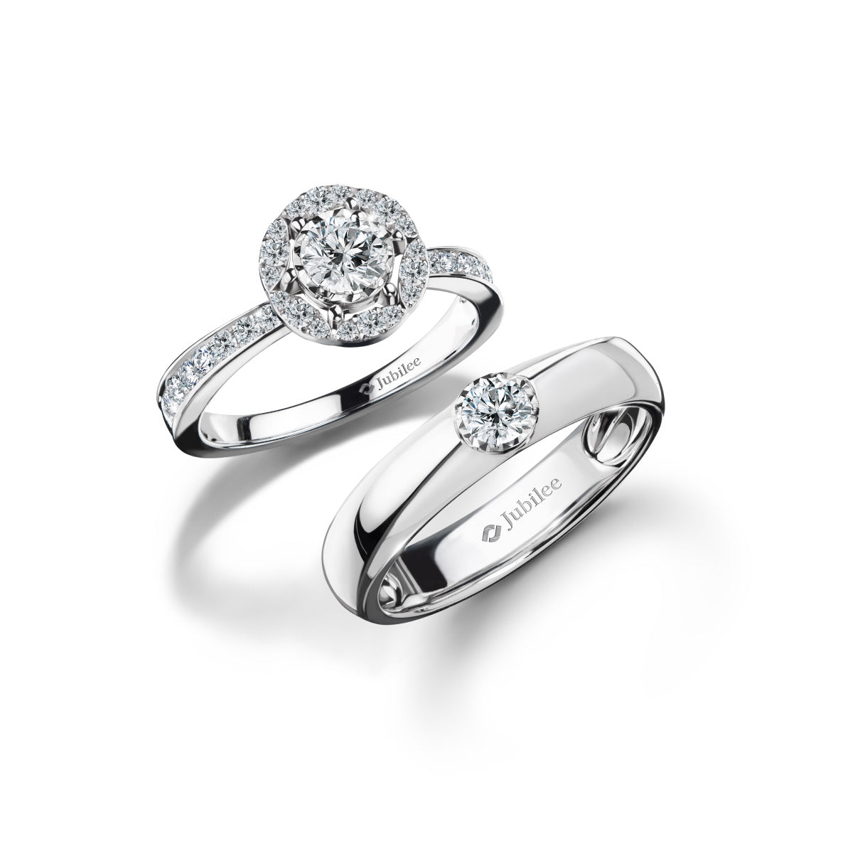 Single Line Halo Ring &amp; Classic Shadow Solitaire Band